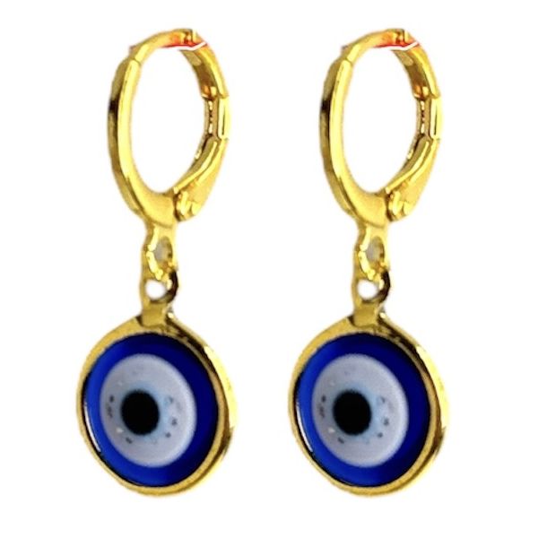 Brinco Olho Grego Azul Escuro Tranqueta Banhado A Ouro 18K