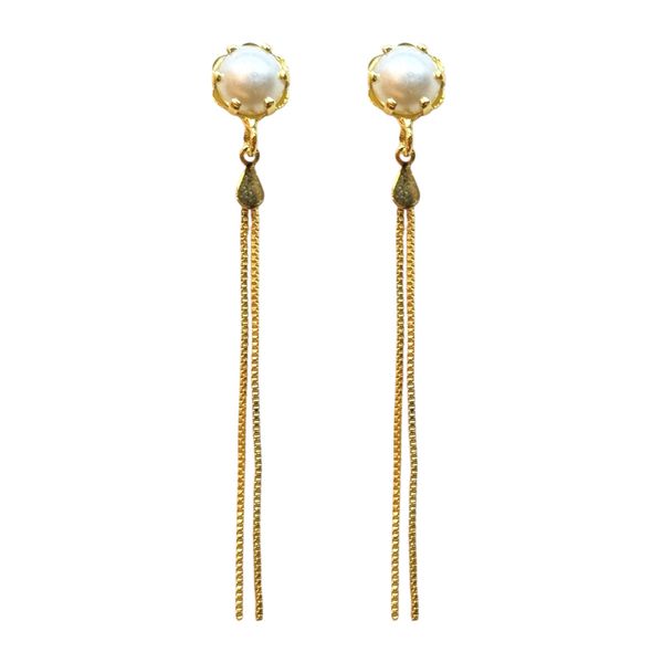 Brinco Pérola Duas Correntes Banhado a Ouro 18K