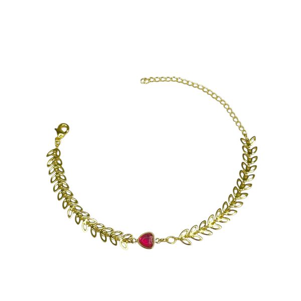 Pulseira Escama Coração Rosa Meio Banhado A Ouro 18K