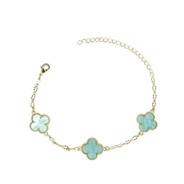 Pulseira Três Trevo Azul Água Banhado A Ouro 18K