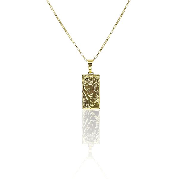 Pingente Latão Face Jesus Retangular Banhado A Ouro 18K