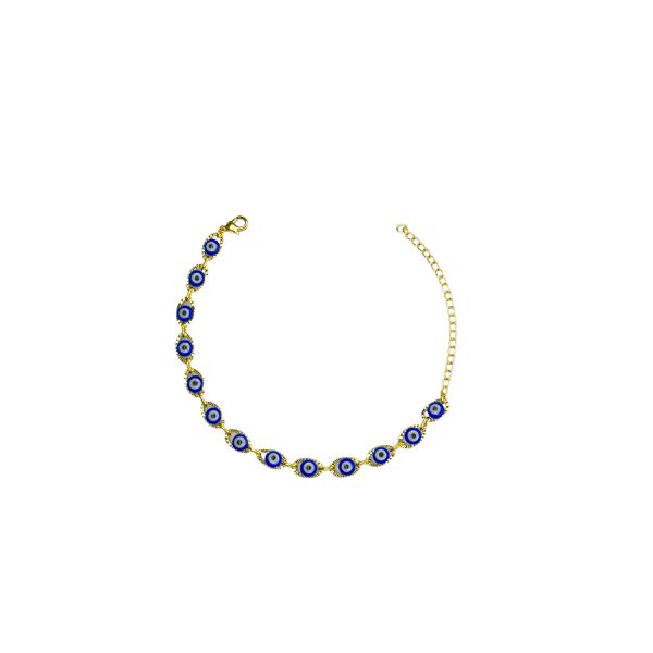 Pulseira Olho Grego Chinês Grande Azul Escuro Banhado a Ouro 18K