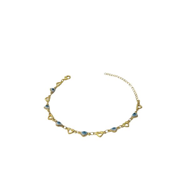 Pulseira Olho Grego Coração Vazado Azul Claro Banhado a Ouro 18K