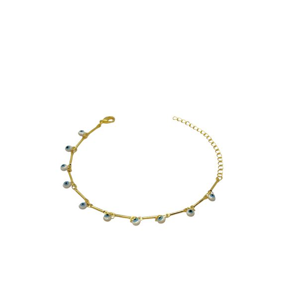 Pulseira Olho Grego Redondo Azul Claro Pendurado Palito Banhado a Ouro 18K