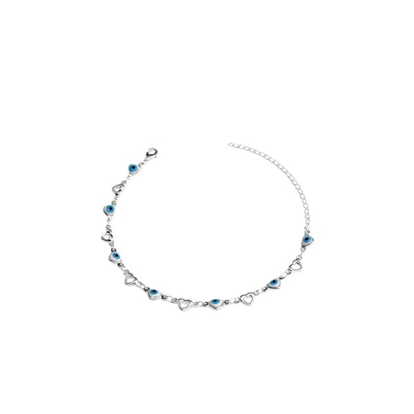 Pulseira Olho Grego Coração Vazado Branco Azul Claro Banhado A Prata 925 
