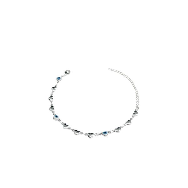Pulseira Olho Grego Coração Liso Branco Azul Claro Banhado A Prata 925