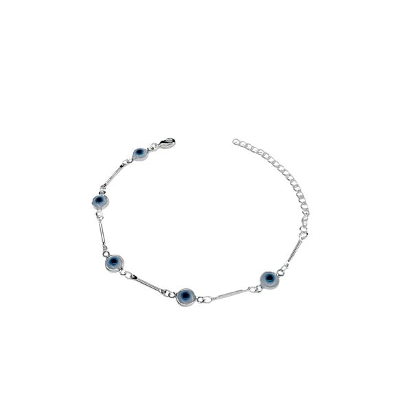 Pulseira Olho Grego Redondo Branco Azul Claro Palito Banhado A 925