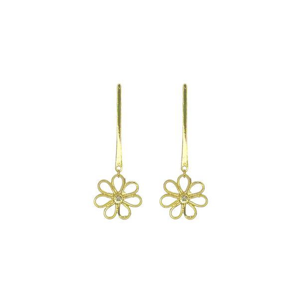 Brinco Flor Base Escovada Palito Strass Banhado a Ouro 18K