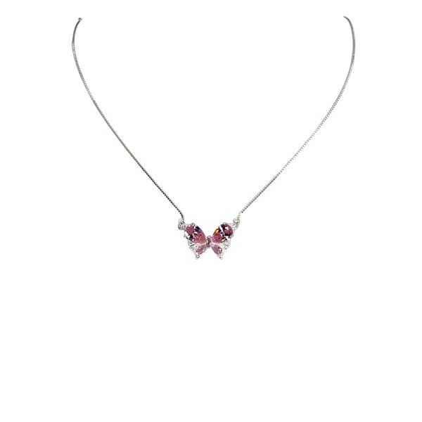 Colar Borboleta Rosa Zircônia Banhado A Prata 925