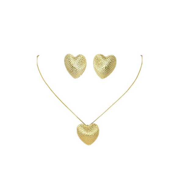 Conjunto Coração Pontilhado Banhado A Ouro 18K