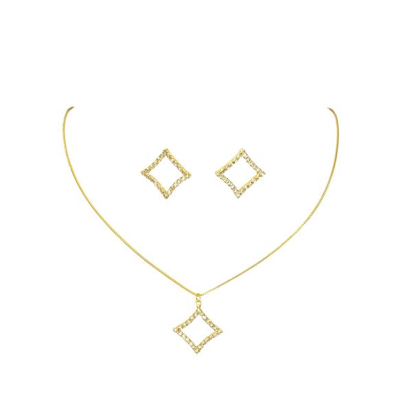 Conjunto Losango Vazado Strass Banhado A Ouro 18K