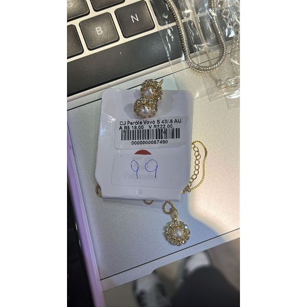 Conjunto Pérola Vovó Strass Banhado A Ouro 18K