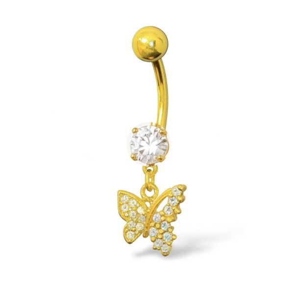 Piercing Umbigo Zircônia Pingente Borboleta Cravejado Aço Dourado