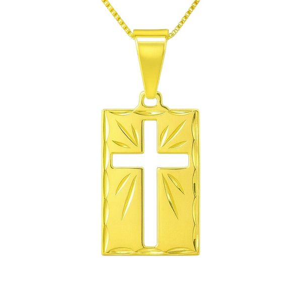 Pingente Latão Placa Cruz Vazado Banhado A Ouro 18K