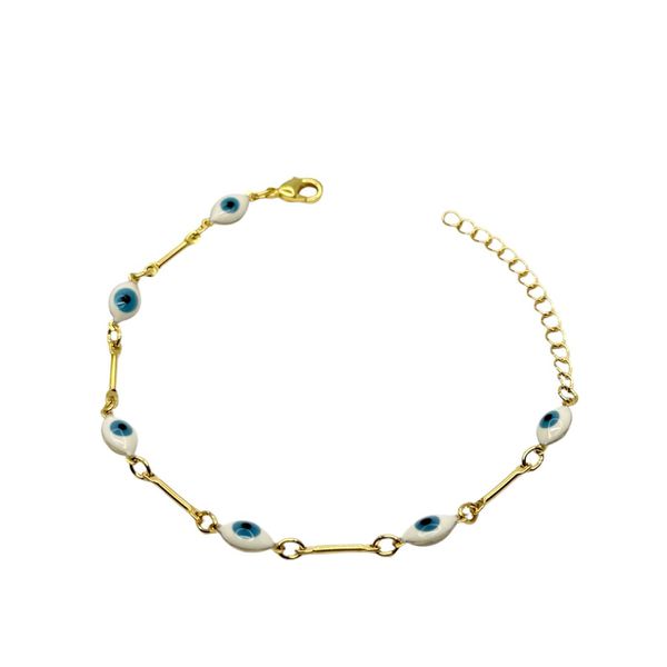 Pulseira Olho Grego Terceiro Pequeno Azul Claro Palito Banhado a Ouro 18K