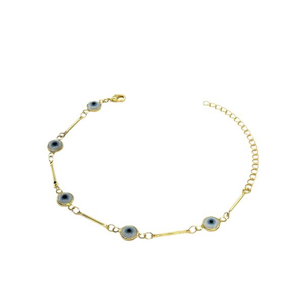 Pulseira Olho Grego Redondo Azul Claro Palito Banhado a Ouro 18K
