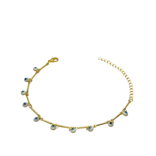 Pulseira Olho Grego Redondo Azul Claro Pendurado Palito Banhado a Ouro 18K