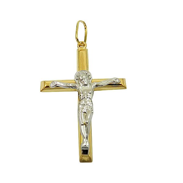 Crucifixo Grande com Cristo em Ouro Branco e Amarelo