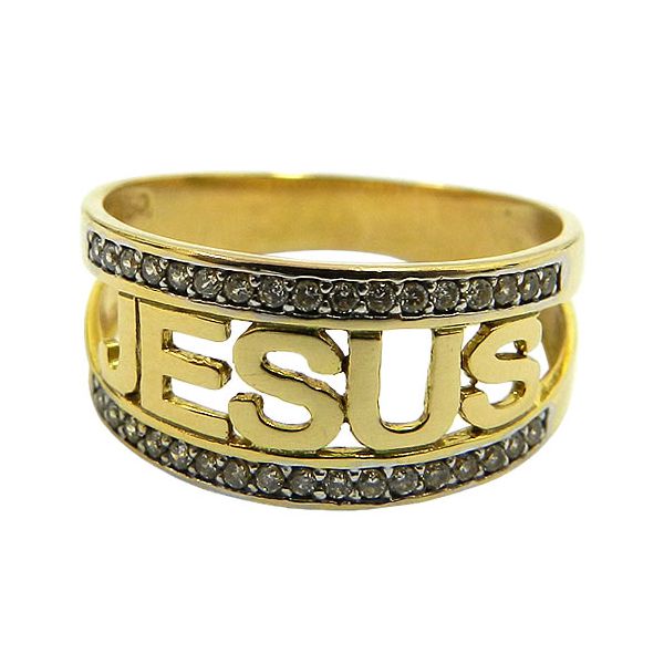 Anel Jesus em Ouro 18K com Zircônias