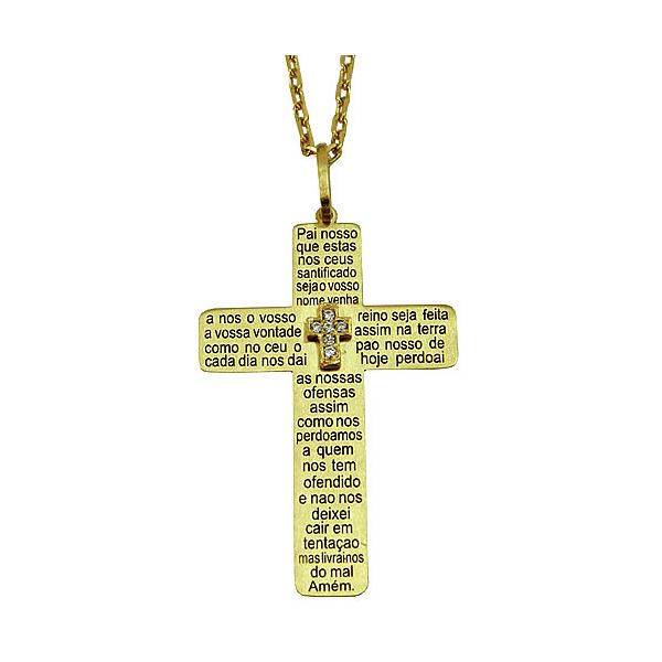 Crucifixo Oração do Pai Nosso em Ouro 18K cravejado com Zircônia