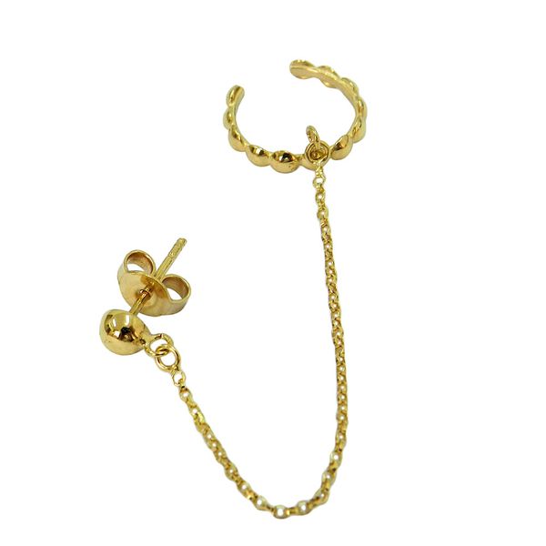 Brinco Ear Cuff em Ouro 18k Bolinhas com corrente 