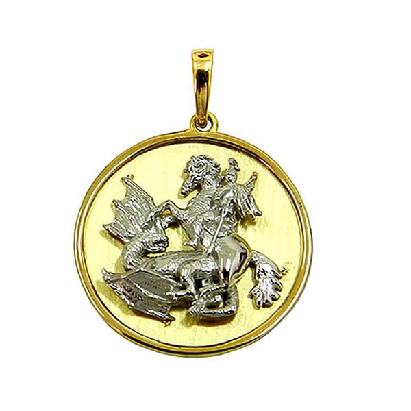 Medalha de São Jorge em Ouro Branco e Amarelo 18K alto relevo