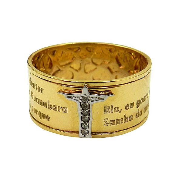 Anel Cristo Redentor em Ouro 18K com 5 Brilhantes 9.6mm