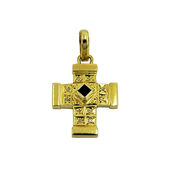 Cruz de Ouro com Brilhantes e Safira Azul 