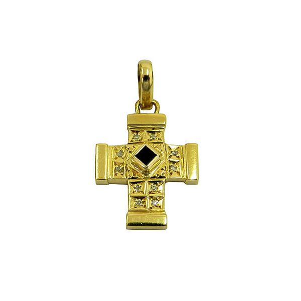 Crucifixo de Ouro com Brilhantes e Safira Azul