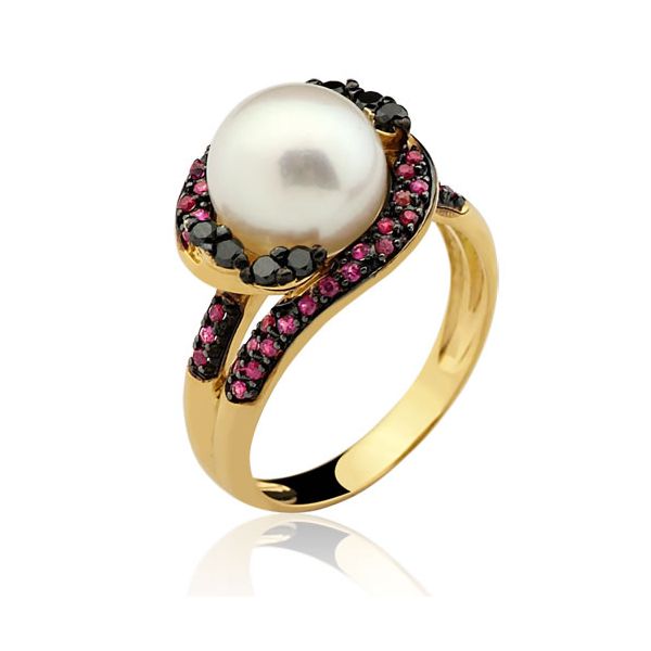 Anel de Ouro 18K com Pérola Brilhantes e Rubis