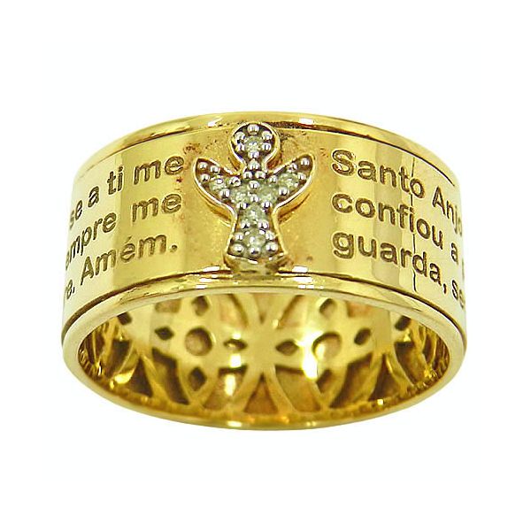 Anel Oração Santo Anjo em ouro com Brilhantes