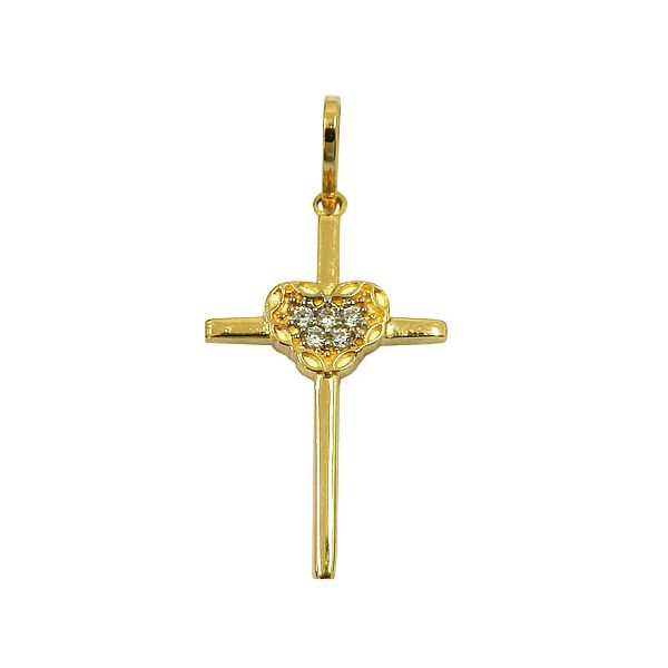 Pingente Feminino de Ouro Cruz e Coração