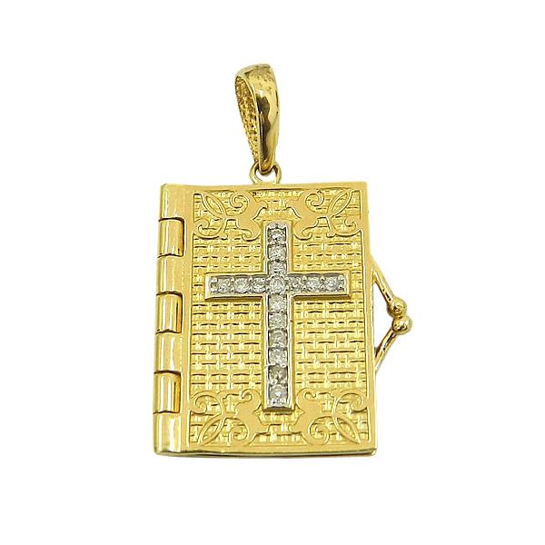 Pingente Bíblia O Senhor é o meu Pastor em Ouro 18K com 16 Brilhantes