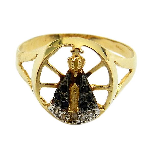 Anel em Ouro 18K N. Sra. Aparecida com Brilhantes e Safiras