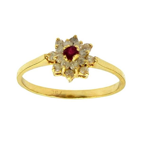 Anel Solitário de Flor Ouro 18K com Brilhantes e Rubi
