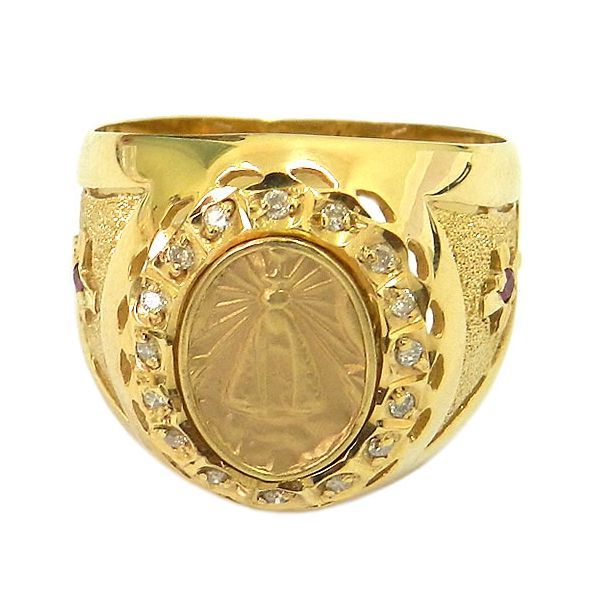 Anel Nossa Senhora Aparecida em Ouro com Brilhantes e Rubis