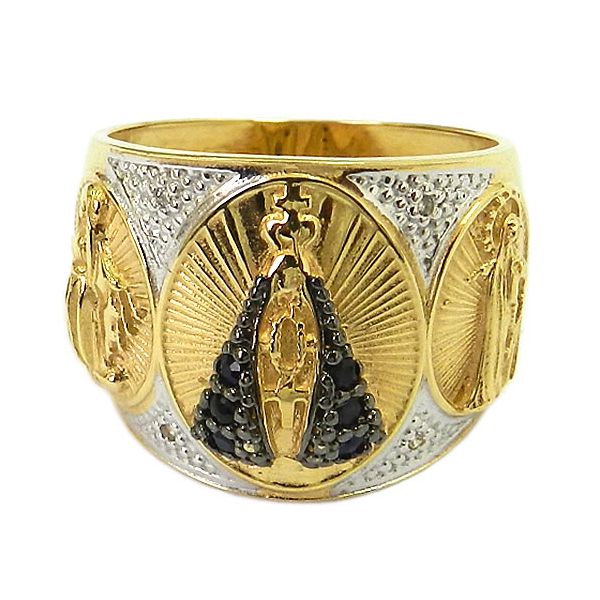 Anel N. Sra. Aparecida em Ouro 18K com Brilhantes e Safiras