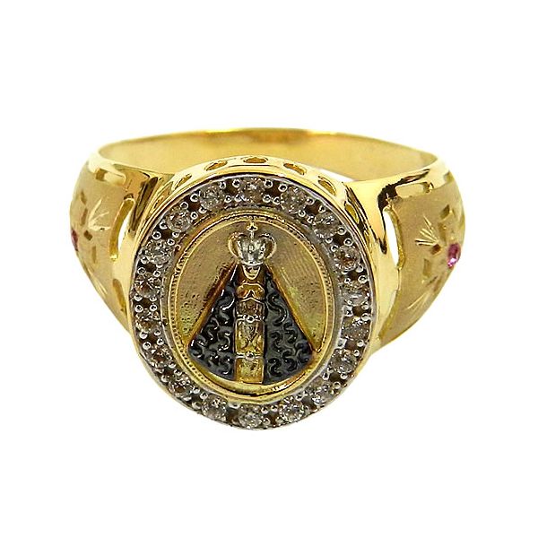Anel N. Sra. Aparecida de Ouro 18K cravejado com Zirconias