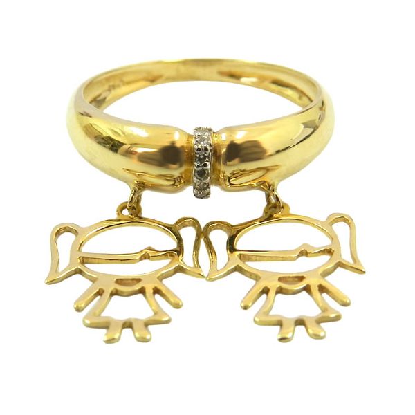 Anel com dois Pingentes de Meninas em Ouro e Diamantes