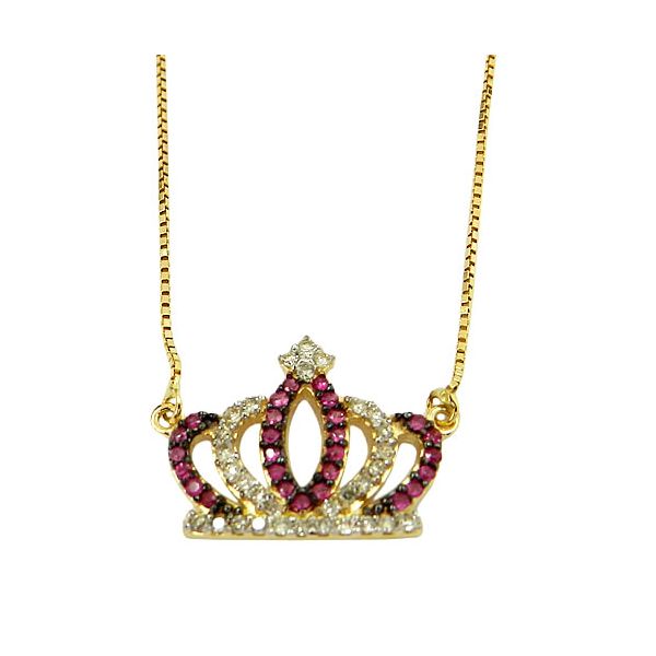 Gargantilha de Coroa em Ouro 18K com Brilhantes e Rubis