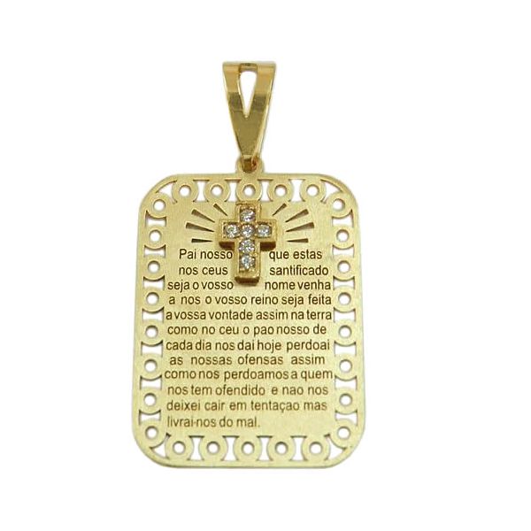 Medalha Retangular com Oração Pai Nosso em Ouro 18K com Zircônia