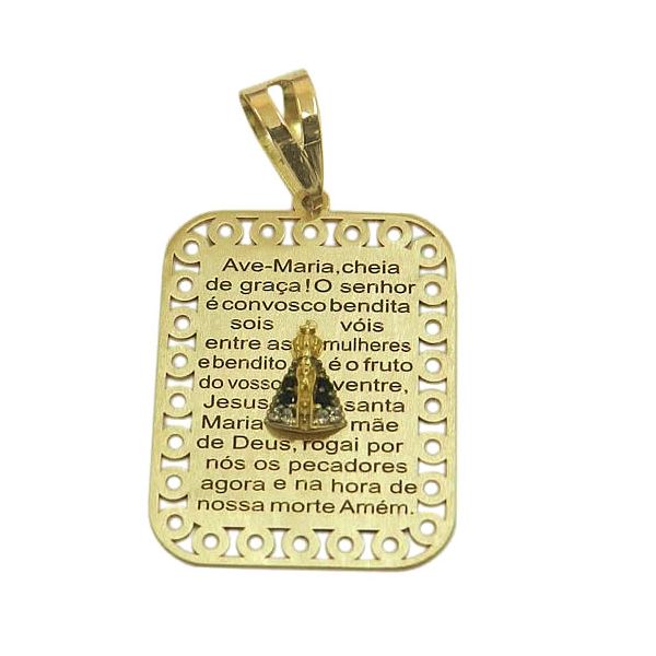 Medalha Retangular de Nossa Sra Aparecida com Oração Ave Maria em Ouro 18K