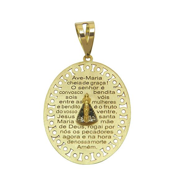Medalha Oração Ave Maria de Ouro 18K com Nossa Sra Aparecida em Zircônia