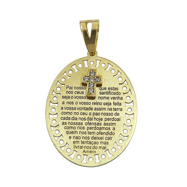 Medalha Oração do Pai Nosso de Ouro 18K com Cruz de Zircônias