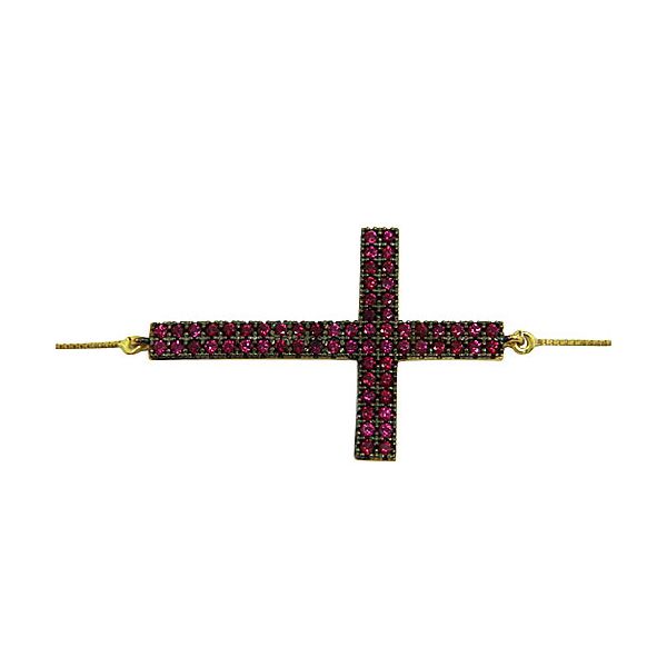 Pulseira Feminina de Cruz em Ouro 18K com Zircônias Vermelhas