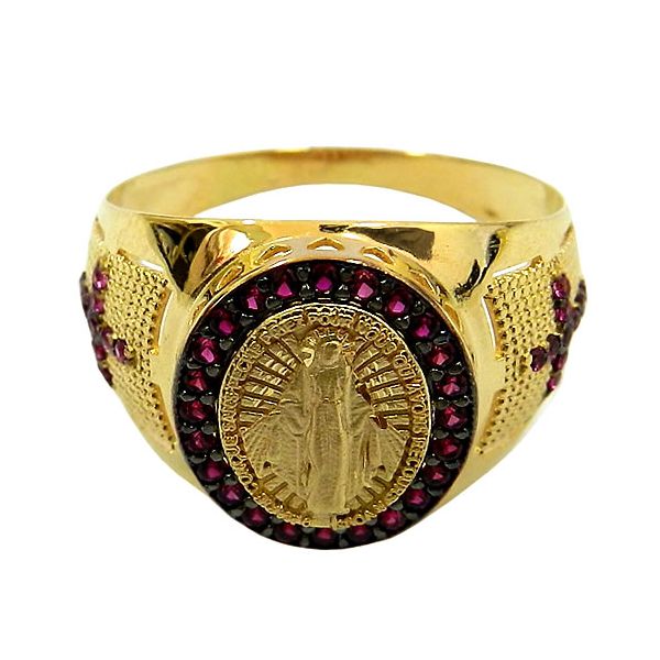 Anel Nossa Senhora de Fátima em Ouro com Rubis Sintéticos