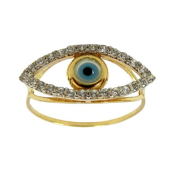Anel Feminino Olho Grego de Ouro 18K com Zircônia