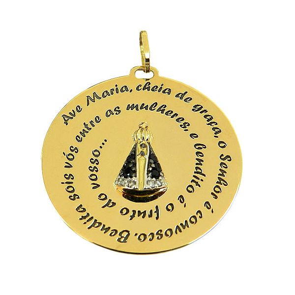 Medalha com Oração Ave Maria de Ouro 18K com Brilhantes e Safiras
