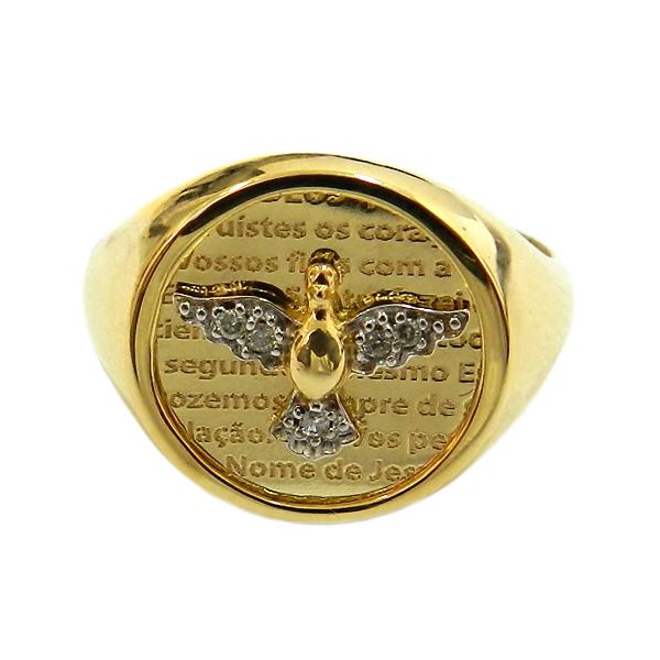 Anel Oração do Espírito Santo de Ouro 18K com 5 Brilhantes