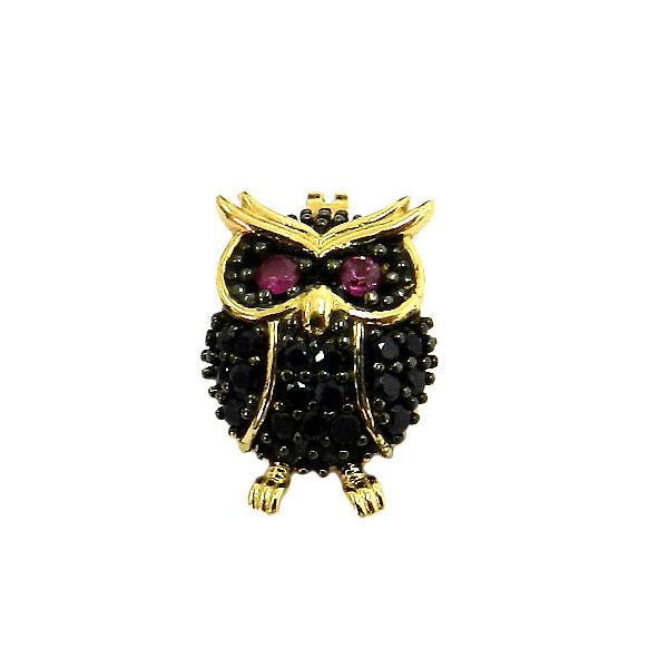 Pingente Coruja de Ouro 18K com Safiras e Rubis